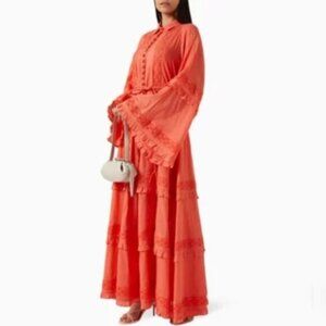 NWT Joslin Coral Oversized Bohemian Bell Sleeve Tiered Ruffle Maxi Dress